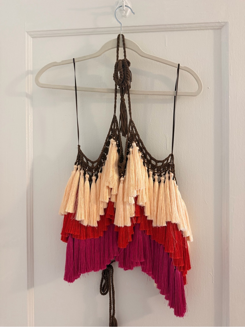 Brown Crochet Tassel Fringe Tank Top with Cream, Red & Magenta Layers